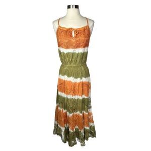 RAGA x Anthropologie Orange & Green Embroidered Tie Dye Maxi Dress - Size Medium